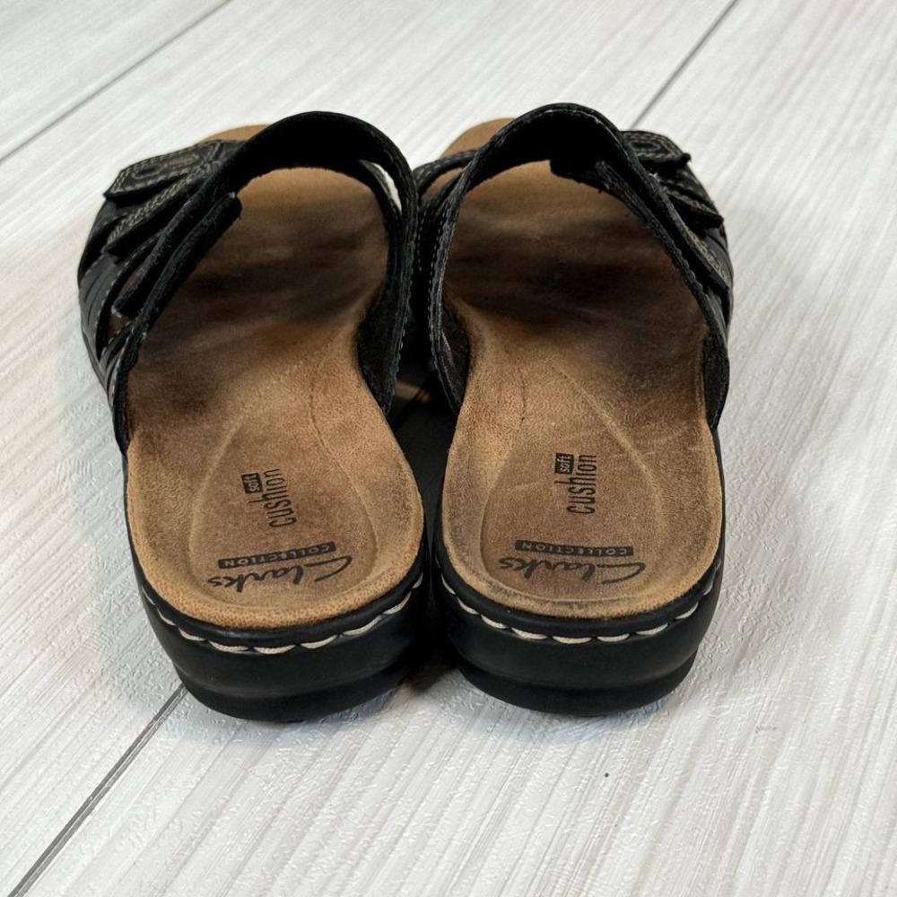 Clarks Collection Black Leather Slide Sandals Cus… - image 5